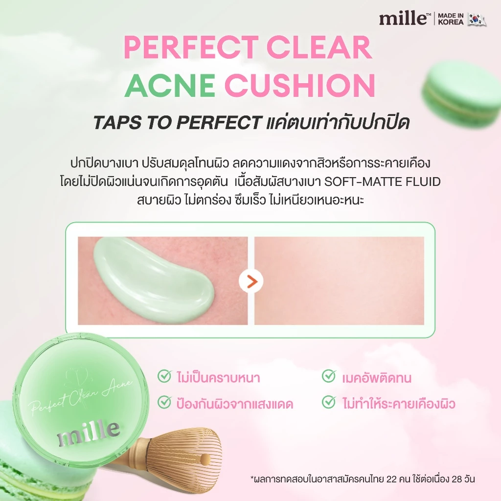 MILLE คุชชั่นเบส PERFECT CLEAR ACNE CUSHION GREEN BASE SPF50+ PA++++ 14 G.